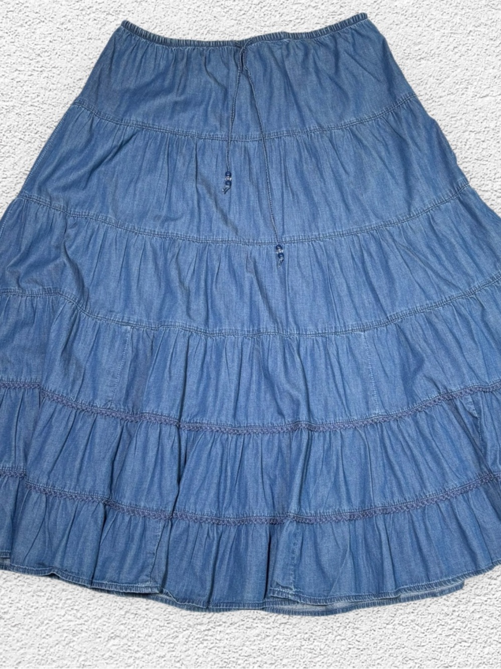 VTG White Stag Chambray Denim Tiered Maxi Skirt L Pull On Prairie Cottagecore - Picture 4 of 9